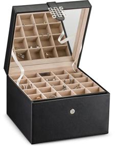 img 3 attached to 📦 Glenor Co Earring Organizer Holder - 50 Small & 4 Large Slots Classic Jewelry Box with Drawer & Modern Closure, Mirror, 3 Trays - Black PU Leather Case for Earrings, Rings, and Chains Storage