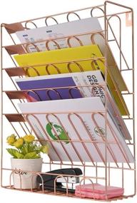 img 1 attached to 🗂️ Spacrea Hanging File Holder Organizer: 6 Tier Wall Mount for Office, School or Home - Rose Gold