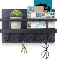 rustic farmhouse key and mail holder with shelf - wall hooks key hanger for wall decorative hanging organizer - retro wood wall shelf with hooks for entryway - black логотип