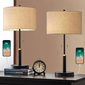 img 3 attached to 🏠 Set of 2 PORTRES 24.25'' USB Table Lamps - Modern Farmhouse Bedside Nightstand Lamps for Bedroom, Living Room, Study, Office, Kitchen - Black