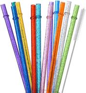 🥤 alink 12-pack glitter reusable clear plastic straws, 11-inch long hard tumbler drinking straws with cleaning brush - assorted vibrant colors (10 colors) logo