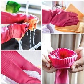 img 2 attached to 🧤 Reusable Waterproof Rubber Dishwashing Gloves for Kitchen - 2 Pairs, Includes 2-Pack Cleaning Cloth