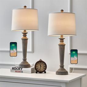 img 2 attached to 💡 PORTRES 27.75'' Rustic 2 USB Table Lamp Set of 2: Traditional Farmhouse Beside Lamp for Bedroom and Living Room with USB Charging Port