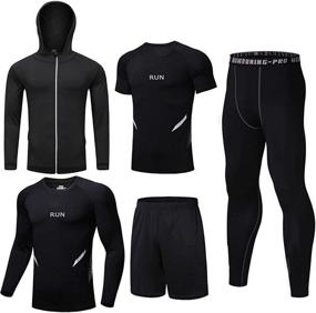 img 4 attached to 👕 5-Piece Men's Compression Gym Clothing Set - Long Sleeve Top, Jacket, and Pants for Workouts