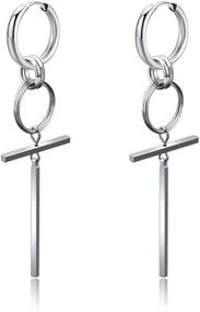 img 4 attached to 🔶 Stylish Geometrical Stick Charms Huggie Hoop Earrings: Unisex Stainless Steel Dangle Drop Earrings (Steel Color)