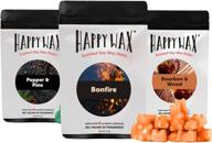 happy wax cozy cabin soy wax melts - ideal for blending in scented wax warmer - three 2-oz pouches - 150+ hours burn time (6 oz total) - pepper &amp; pine, bourbon &amp; wood, bonfire logo