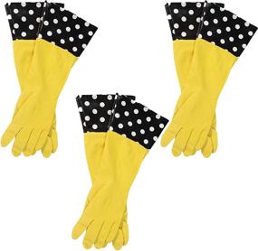 img 4 attached to Thick Latex Glam-Gloves for Kitchen and Home Cleaning - 🧤 Long Sleeved Dishwashing Gloves (3 Pairs, Assorted Colors/Patterns, One Size Fits All)