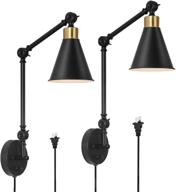 haitral 2-pack swing arm wall sconces - modern dimmable plug in lamps for bedroom home decor headboard bathroom farmhouse porch garage - black & gold (bulb not included) логотип