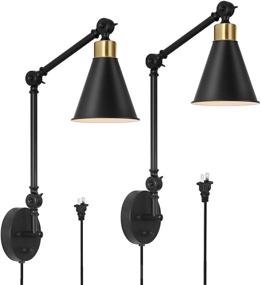 img 2 attached to Haitral 2-Pack Swing Arm Wall Sconces - Modern Dimmable Plug in Lamps for Bedroom Home Decor Headboard Bathroom Farmhouse Porch Garage - Black & Gold (Bulb Not Included)