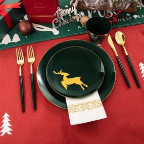 img 2 attached to 🎄 FLOWERCAT 175 PCS Christmas Plates with Green and Gold Design - Includes 50 Plastic Plates, 25 Forks, 25 Knives, 25 Spoons, and 25 Napkins Ideal for Festive Celebrations