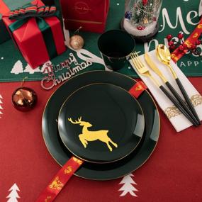 img 1 attached to 🎄 FLOWERCAT 175 PCS Christmas Plates with Green and Gold Design - Includes 50 Plastic Plates, 25 Forks, 25 Knives, 25 Spoons, and 25 Napkins Ideal for Festive Celebrations