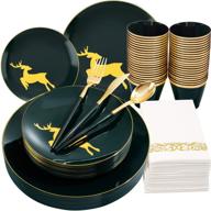 🎄 flowercat 175 pcs christmas plates with green and gold design - includes 50 plastic plates, 25 forks, 25 knives, 25 spoons, and 25 napkins ideal for festive celebrations logo