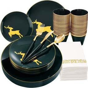 img 4 attached to 🎄 FLOWERCAT 175 PCS Christmas Plates with Green and Gold Design - Includes 50 Plastic Plates, 25 Forks, 25 Knives, 25 Spoons, and 25 Napkins Ideal for Festive Celebrations