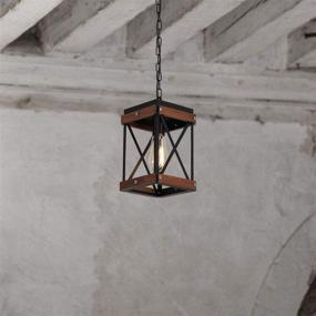 img 2 attached to Fivess Lighting Rustic Farmhouse Pendant Light: Wood and Metal Cage, One-Light Adjustable Chains! Perfect Industrial Mini Pendant Fixture for Kitchen Island, Cafe Bar—Black Elegance!