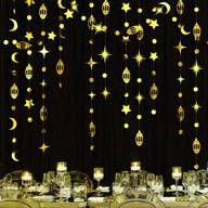 elegant gold eid mubarak ramadan streamer decorations: star moon circle dot crescent lamp garland backdrop banner for home décor, happy ramadan lesser bairam islam muslim wedding, birthday party logo