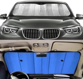 img 2 attached to 🚗 Автомобильная защита от солнца на лобовое стекло: складывающийся отражатель ультрафиолетовых лучей для переднего окна автомобиля | Сохраняет прохладу внутри автомобиля - голубой (55"х 27.5")
