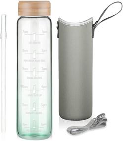 img 4 attached to Stay Hydrated with Ferexer 32oz Borosilicate Glass Water Bottle: Time Marker, Wide Mouth, Straw, Neoprene Sleeve, Bamboo Lid in Gradient Green