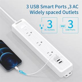 img 2 attached to NTONPOWER Long Power Strip with USB: 15ft Extension Cord Surge Protector, 3 AC Outlets, 3 USB Ports - Home Office, Travel, Dorm Room Essentials, White
