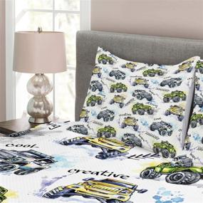 img 2 attached to Ambesonne Cars Bedspread, Monster Trucks Off Road Lifestyle, Watercolored Design with Enormous Wheels, Decorative 3 Piece Coverlet Set with 2 Pillow Shams, Queen Size, Blue Yellow