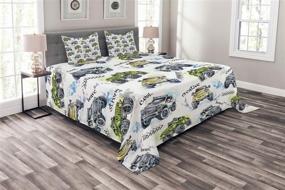 img 3 attached to Ambesonne Cars Bedspread, Monster Trucks Off Road Lifestyle, Watercolored Design with Enormous Wheels, Decorative 3 Piece Coverlet Set with 2 Pillow Shams, Queen Size, Blue Yellow