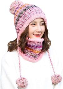 img 4 attached to 🧣 Dual Layered Fleece Lined Winter Beanie Hat and Circle Scarf Set for Women with Ski Ear Flaps and Pompoms