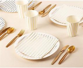 img 3 attached to 🍽️ 24-Guest Gold Foil Striped Dinnerware Set with 144 Pieces - Plates, Napkins, Cups, and Cutlery