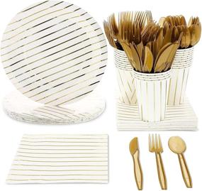 img 4 attached to 🍽️ 24-Guest Gold Foil Striped Dinnerware Set with 144 Pieces - Plates, Napkins, Cups, and Cutlery