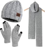 winter warm knit beanie hat with touchscreen gloves & long scarf set - fleece lined skull caps & neck scarves for women and men logo