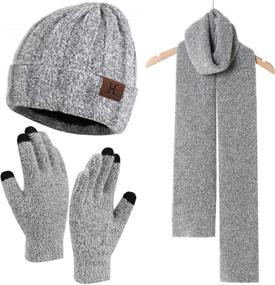 img 4 attached to Winter Warm Knit Beanie Hat with Touchscreen Gloves & Long Scarf Set - Fleece Lined Skull Caps & Neck Scarves for Women and Men