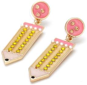 img 2 attached to 🎉 CZ Funny Dangle Pencil Earrings for Women - Colourful Rhinestone Teacher Earrings, Hypoallergenic Cute School Party Jewelry Gifts for Teen Girls