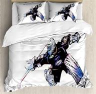 🏒 ambesonne hockey duvet cover set - hand drawn style goalkeeper with protective gear in competitive game - 3 piece bedding set with 2 pillow shams - queen size - purple and white logo