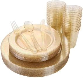 img 4 attached to 🍽️ Gold Disposable Plates & Silverware Set with Cups - 150PCS Glitter Dinnerware: 25 Dinner Plates, 25 Dessert Plates, 25 Tumblers, 25 Forks, 25 Knives, 25 Spoons