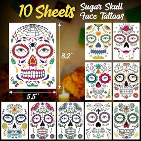 img 2 attached to 🌹 Day of the Dead Face Tattoos Makeup Kit for Halloween Costumes - Women, Men, Adults, Kids - Skeleton Dia De Los Muertos Temporary Tattoos - 10 PCS Red Rose Sugar Skull Face Tattoo Stickers, Decor