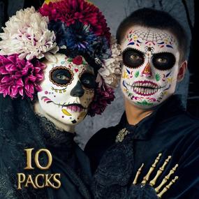 img 4 attached to 🌹 Day of the Dead Face Tattoos Makeup Kit for Halloween Costumes - Women, Men, Adults, Kids - Skeleton Dia De Los Muertos Temporary Tattoos - 10 PCS Red Rose Sugar Skull Face Tattoo Stickers, Decor