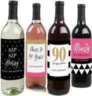 🎉 stylish 90th birthday - pink, black & gold - women's birthday gift - wine bottle label stickers - pack of 4 логотип