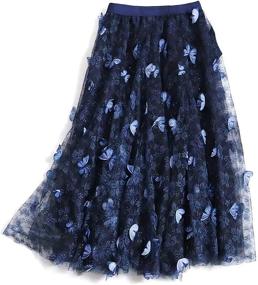 img 4 attached to Elastic High Waist A-Line Tulle Midi Skirt featuring 3D Floral Embroidery and Layered Design for Women