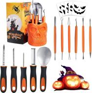 premium pumpkin carving kit with 11-piece stainless steel set - perfect for halloween decoration and jack-o-lantern sculpting - includes skull storage carrying bucket logo