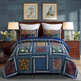 img 4 attached to 🛏️ DECMAY 3-Piece Boho Patchwork Cotton Bedspread Set - King Size, Deep Blue Vintage Plaid Floral Quilted Daybed Bedding. Lightweight Reversible Luxury Matelasse Bed Coverlet Set includes Shams.