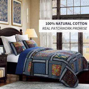 img 2 attached to 🛏️ DECMAY 3-Piece Boho Patchwork Cotton Bedspread Set - King Size, Deep Blue Vintage Plaid Floral Quilted Daybed Bedding. Lightweight Reversible Luxury Matelasse Bed Coverlet Set includes Shams.