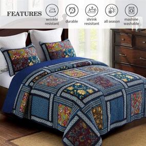 img 3 attached to 🛏️ DECMAY 3-Piece Boho Patchwork Cotton Bedspread Set - King Size, Deep Blue Vintage Plaid Floral Quilted Daybed Bedding. Lightweight Reversible Luxury Matelasse Bed Coverlet Set includes Shams.
