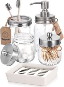 img 4 attached to 🛁 Rustic Farmhouse Bathroom Decor Set - Soap Dispenser, 2 Apothecary Jars, Toothbrush Holder, Ceramic Drain Soap Dish - Brushed Nickel Finish - Organize and Enhance your Bathroom Countertop Vanity