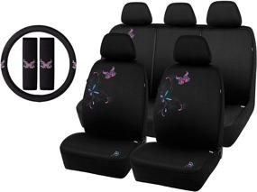 img 4 attached to 🦋 PIC AUTO Full Set Butterfly Car Seat Covers with 2 Seat Belt Pads &amp; Universal 15 Inch Steering Wheel Cover - Polyester Fabric (12Pcs)