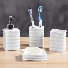 img 4 attached to 🛁 4 Piece White Ceramic Bathroom Accessory Set with Ribbed Design - Toothbrush Holder, Tumbler, Lotion/Soap Dispenser, and Soap Dish by MyGift