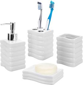 img 2 attached to 🛁 4 Piece White Ceramic Bathroom Accessory Set with Ribbed Design - Toothbrush Holder, Tumbler, Lotion/Soap Dispenser, and Soap Dish by MyGift