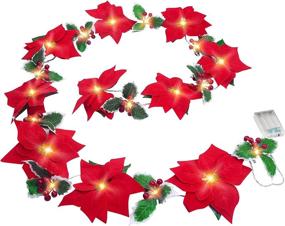 img 3 attached to TEENMAX 9.8Ft Lighted Poinsettia Christmas Garland String Lights: Red Berries, Holly Leaves, Pre-Lit Velvet Artificial Poinsettias for Indoor/Outdoor Holiday Decor