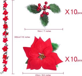 img 2 attached to TEENMAX 9.8Ft Lighted Poinsettia Christmas Garland String Lights: Red Berries, Holly Leaves, Pre-Lit Velvet Artificial Poinsettias for Indoor/Outdoor Holiday Decor