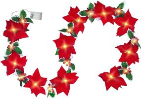 img 4 attached to TEENMAX 9.8Ft Lighted Poinsettia Christmas Garland String Lights: Red Berries, Holly Leaves, Pre-Lit Velvet Artificial Poinsettias for Indoor/Outdoor Holiday Decor