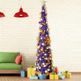 img 2 attached to 🎃 5ft Purple Tinsel Pop-Up Artificial Halloween Christmas Tree with Decorated Pumpkin Sequins - Collapsible Pencil Trees for Halloween Christmas Decorations