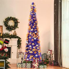 img 4 attached to 🎃 5ft Purple Tinsel Pop-Up Artificial Halloween Christmas Tree with Decorated Pumpkin Sequins - Collapsible Pencil Trees for Halloween Christmas Decorations