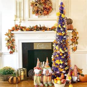 img 3 attached to 🎃 5ft Purple Tinsel Pop-Up Artificial Halloween Christmas Tree with Decorated Pumpkin Sequins - Collapsible Pencil Trees for Halloween Christmas Decorations